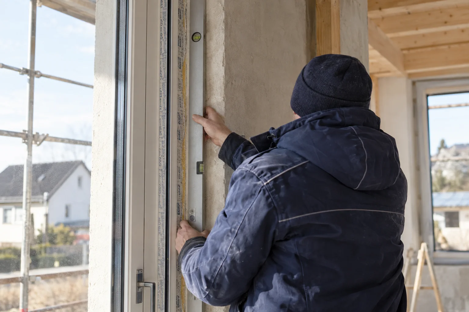 Fachkundige Kontrolle eines Fenstereinbaus mit einer Wasserwaage