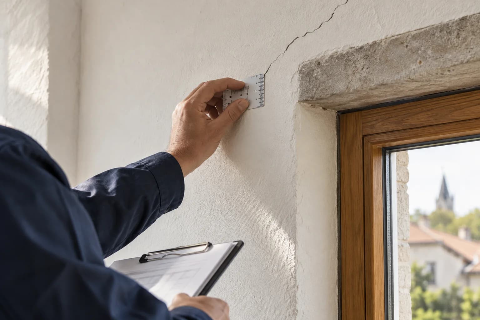 Sachverständiger untersucht einen Riss am Fenstersturz