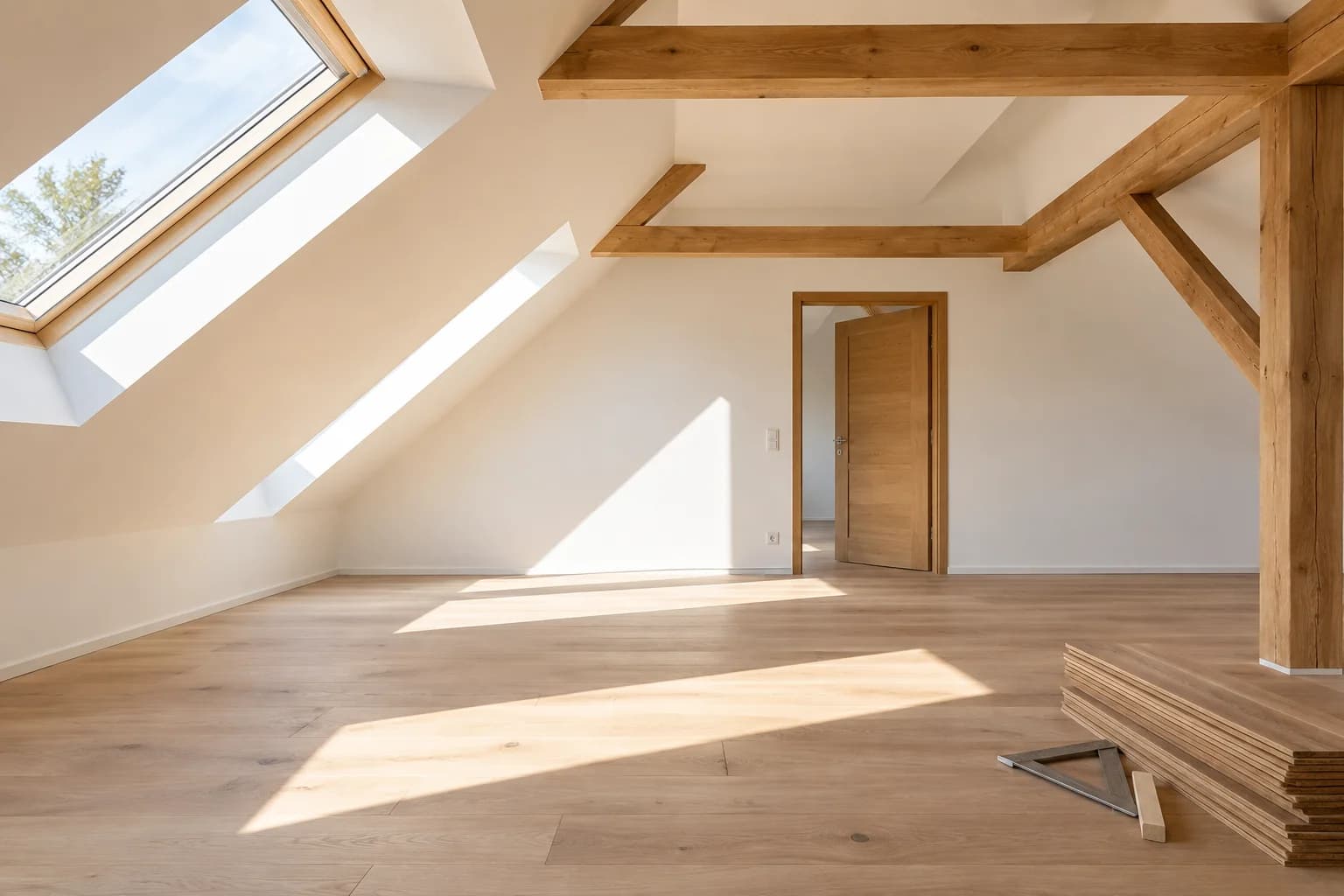 Heller Dachausbau mit Eichenbalken, Dachfenstern und neuem Holzboden